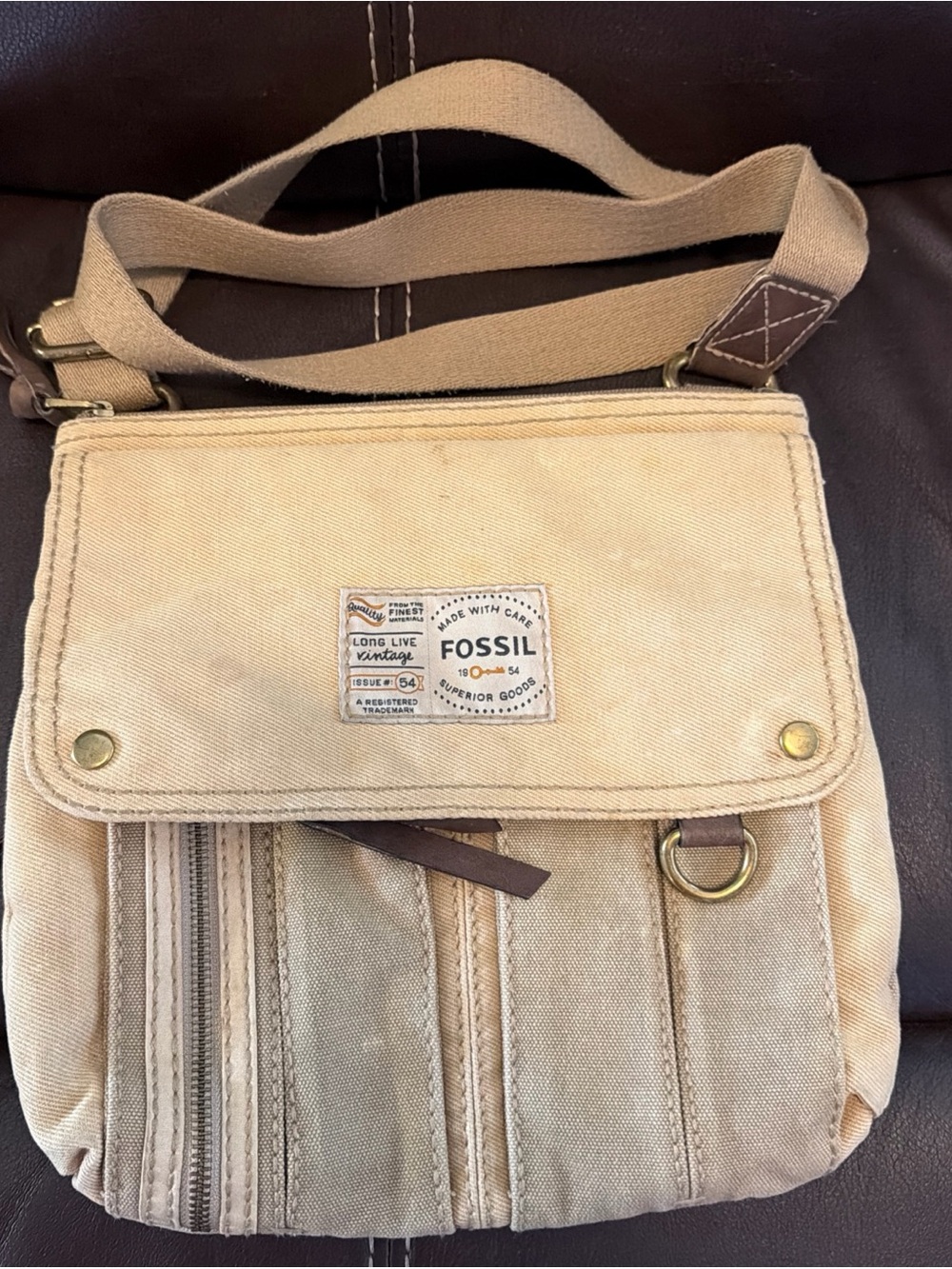 Fossil Men's Canvas Crossbody Messenger Bag in Tan Adjustable Strap